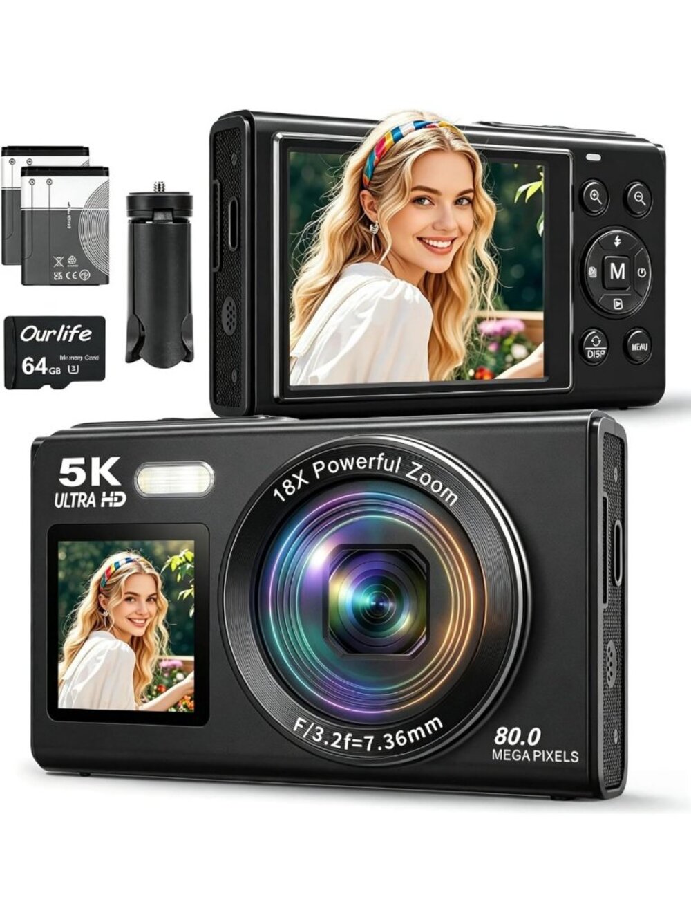5K Digital Camera Bundle with Tripod, 2 Batteries & 64GB Memory Card - Perfect